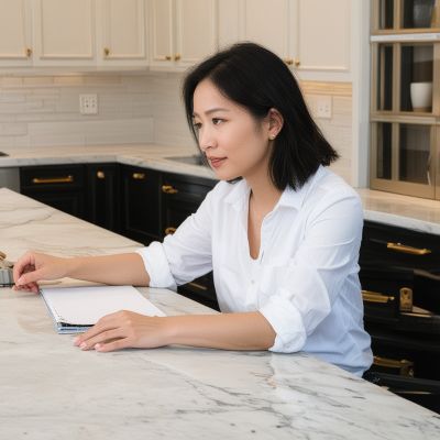 Lisa Chen, design consultant, consulting with clients on countertop selection