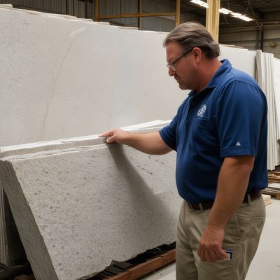 Mike Johnson, stone specialist, examining granite slabs for quality and patterns