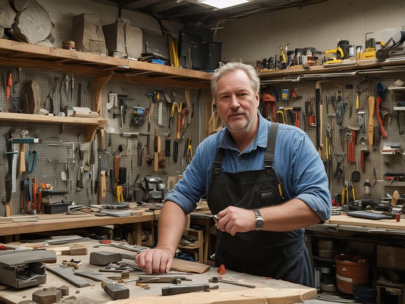 Tim Robertson in his workshop surrounded by precision tools and stone materials