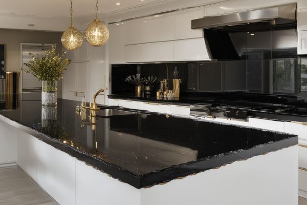 Black granite countertop with gold flecks and luxury kitchen appearance