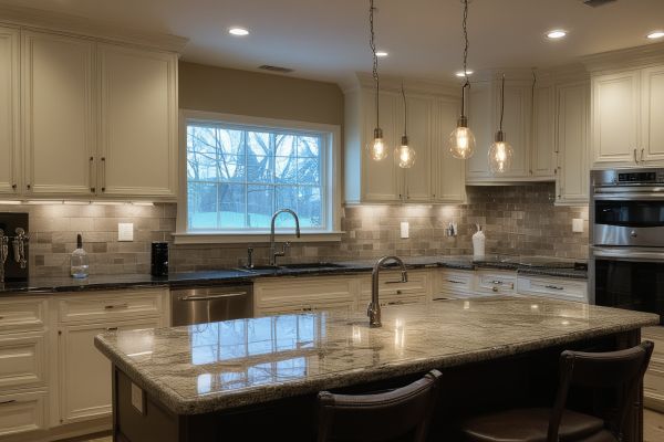 Kitchen lighting installation with pendant lights and under-cabinet lighting