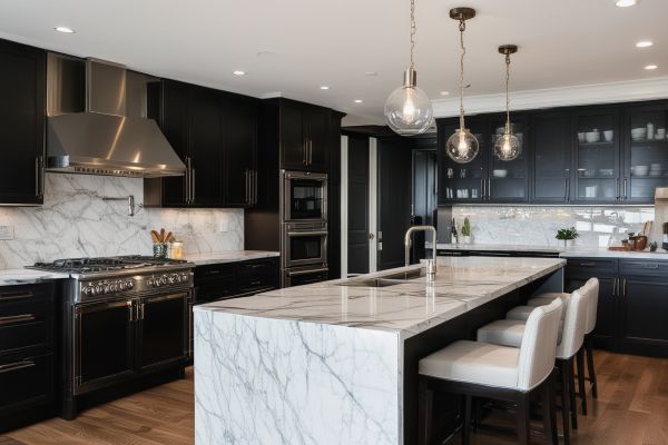 Contemporary kitchen renovation with dark cabinets and marble countertops
