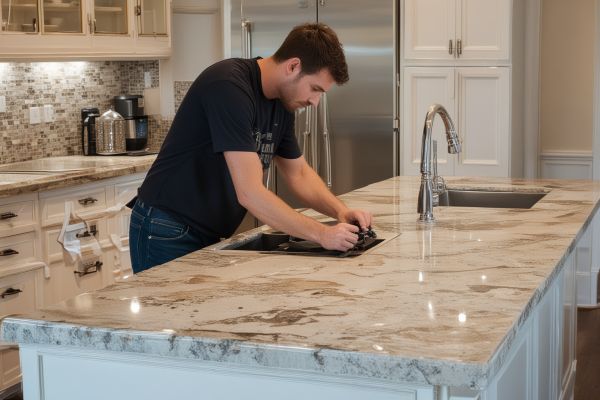 Professional kitchen countertop installation showing precision work