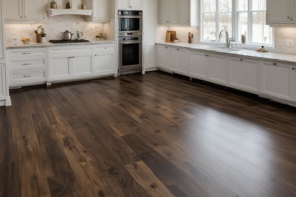 Kitchen flooring installation showing hardwood and luxury vinyl options
