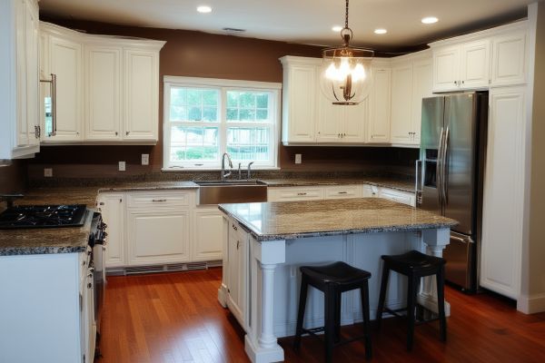 Complete kitchen remodel with white cabinets and granite countertops