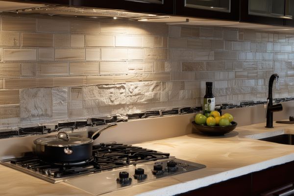 Modern kitchen backsplash installation with ceramic and stone tiles