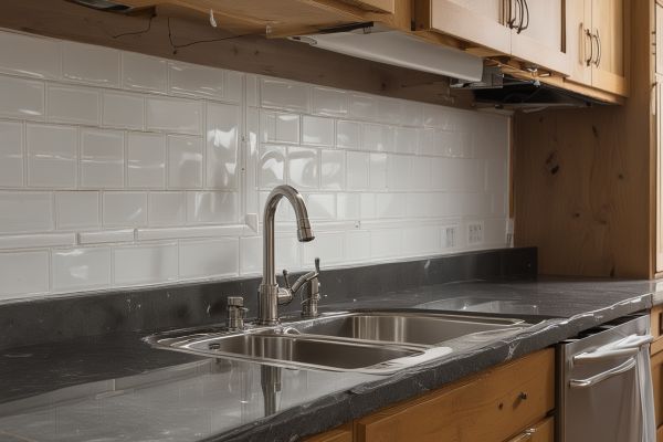 Kitchen plumbing installation including sink, faucet, and appliance connections