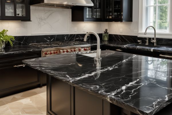 Luxurious black marble countertop with white veining in upscale kitchen