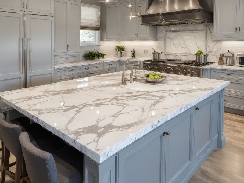 Luxurious white marble countertop with gray veining in elegant kitchen