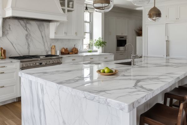 White marble kitchen countertop with gray veining in modern kitchen