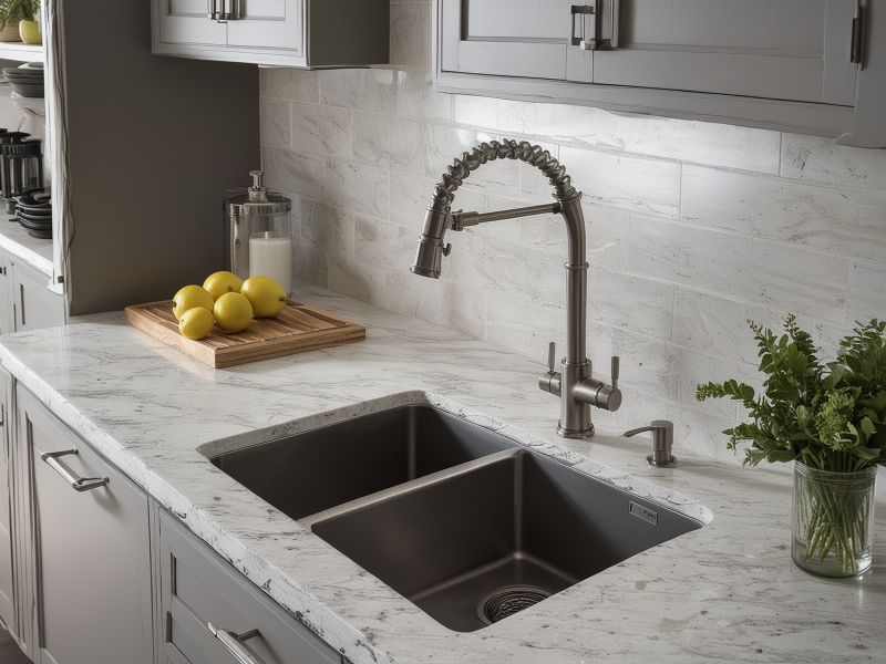 Professional kitchen sink installation in granite countertop